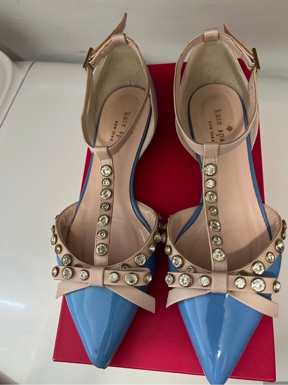 kate spade Becca Tiffany Blue and Nude Jeweled T-Strap Pointed Flats